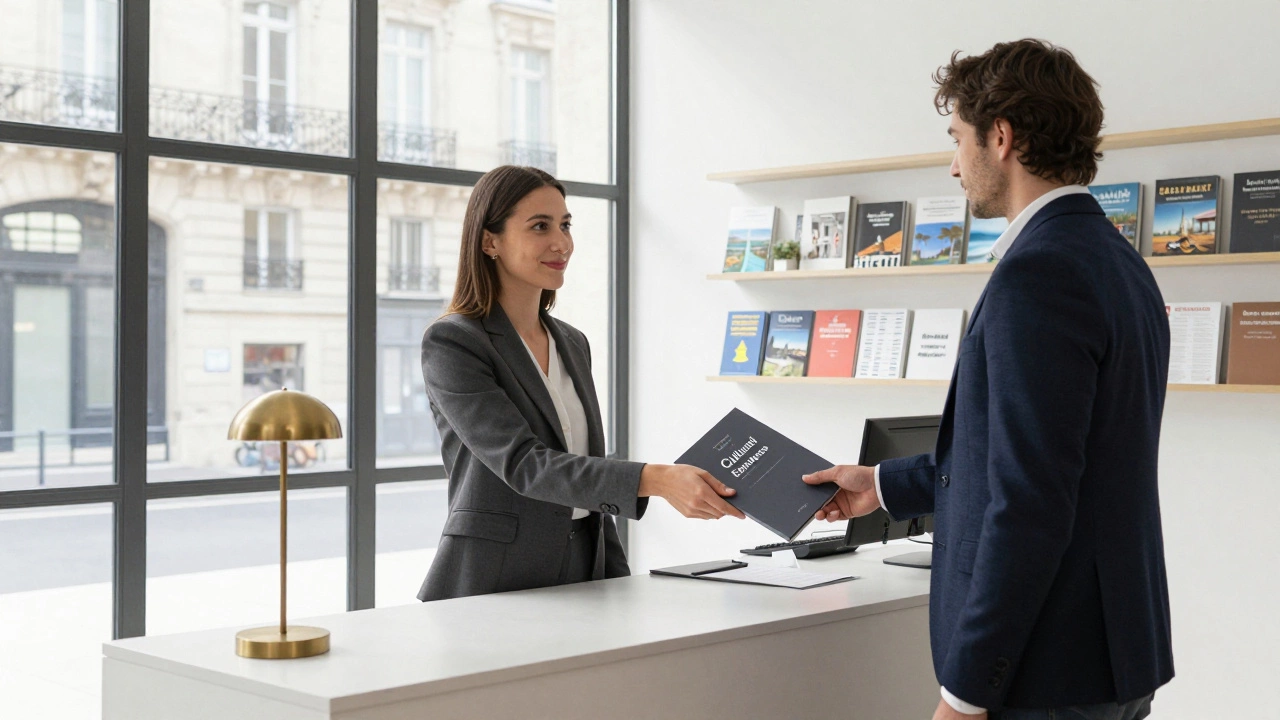 A professional woman hands a client a folder at a discreet concierge service office in Paris.