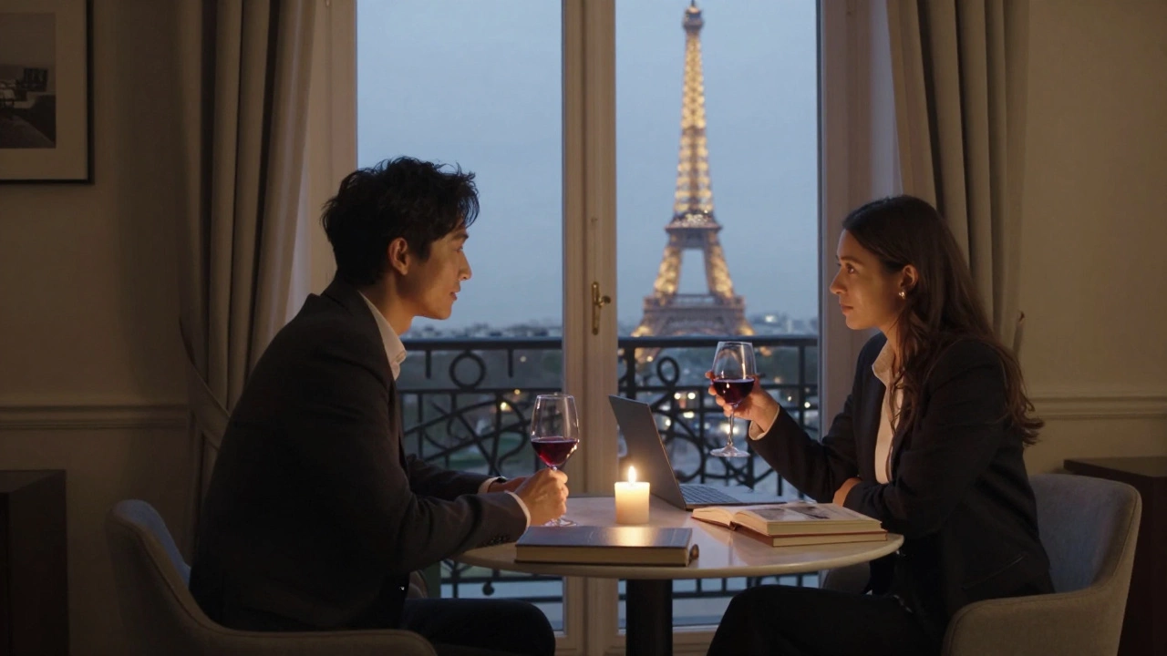 Two people share quiet conversation over wine in a Paris apartment, the Eiffel Tower visible outside.
